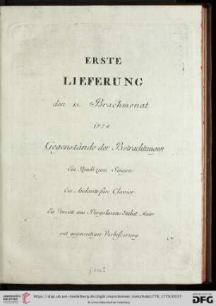 Erste Lieferung den 15. Brachmonat 1778