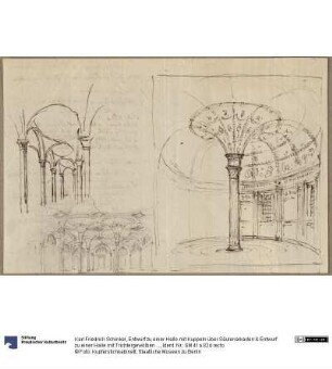 Entwurf zu einer Halle mit Kuppeln über Säulenarkaden & Entwurf zu einer Halle mit Trichtergewölben & Entwurf zu einem runden Zentralbau mit Trichtergewölbe, Mittelstütze und Pilastern