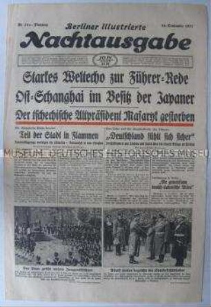 Abendzeitung "Berliner illustrierte Nachtausgabe" u.a. zu den Reaktionen des Auslands auf die Rede Hitlers zum Abschluss des NSDAP-Parteitages in Nürnberg
