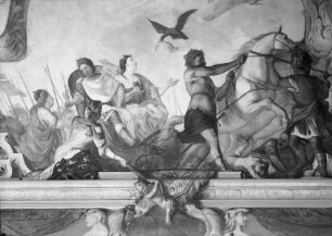 Allegorie auf die Herrschaft Kaiser Leopolds I. — Das Kaiserpaar nimmt in einem Triumphwagen die Huldigung der Bohemia und der Hungaria entgegen