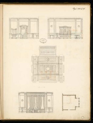 Herrenzimmerdekoration Monatskonkurrenz April 1878: Grundriss und Decke, Aufriss von drei Wänden 1:40