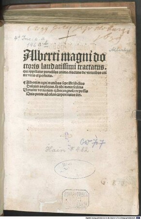 Paradisus animae sive de virtutibus : Prolog und Text teilweise gekürzt. Mit Gedicht auf den Autor "Alberti Magni manibus sepe iste libellus ..." (Walther, Initia 733)
