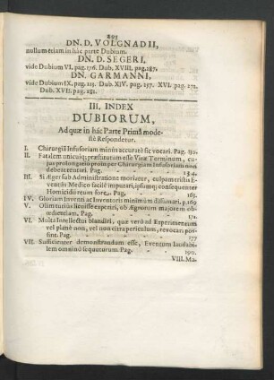 III. Index Dubiorum, Ad quae in hac Parte Prima modeste Respondetur.
