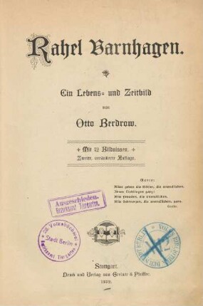 Rahel Varnhagen : ein Lebens- und Zeitbild : mit 12 Bildnissen