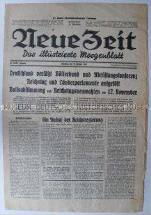 Berliner Tageszeitung "Neue Zeit" zum Austritt Deutschlands aus dem Völkerbund