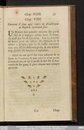 Chap. VIIII. Comment il faut agir contre un détachement de Husards également fort.