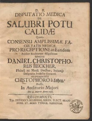 Disputatio Medica De Salubri Potu Calidae