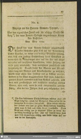 No. 2. Anzeige an die Herren Armen-Pfleger, über den eigentlichen Zweck und die nöthigen Einschränkung ...
