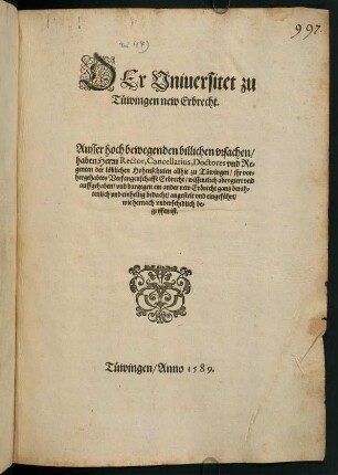 Der Universitet zu Tüwingen new Erbrecht, Tübingen 1589 [Druck; Abschriften siehe oben Nr. 44]