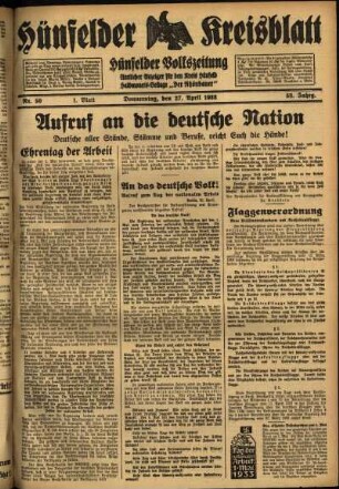 Erste Ausgabe vom Donnerstag, den 27. April 1933.