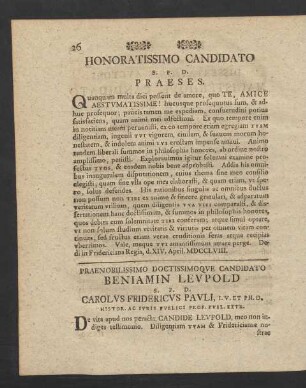 Honoratissimo Candidato S.P.D. Praeses