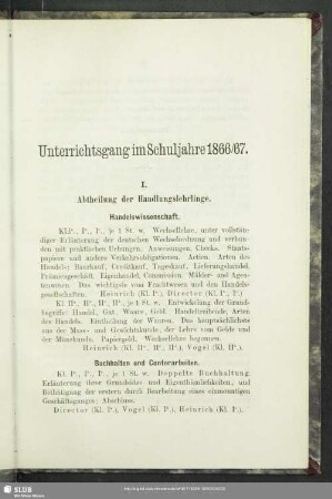 Unterrichtsgang im Schuljahre 1866/67