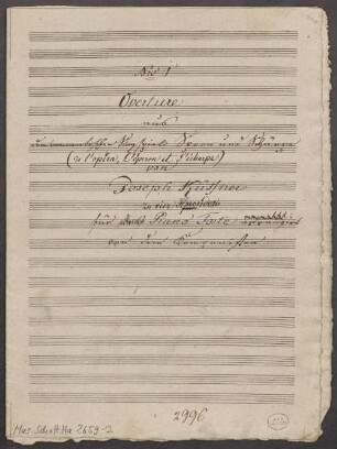 Sporn und Schärpe, pf, HenK WoO 120 (1), d-Moll, Excerpts, Arr - BSB Mus.Schott.Ha 2659-2 : [title page] Nro 1 // Ouverture // aus // dem romantischen Singspiel Sporn und Schärpe // ( de l'opéra, L'éperon et L'écharpe ) // von // Joseph Küffner // zu vier Händen // für Piano Forte arrangiert // von dem Komponisten