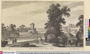 [Flusslandschaft mit Wanderern am Ufer und einer Ruine im Hintergrund]