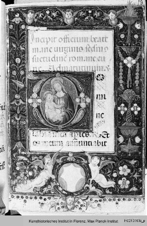 Officium Beatae Mariae Virginis : Folio mit Randbordüre, Text und historisierter Initiale D: Maria mit Kind