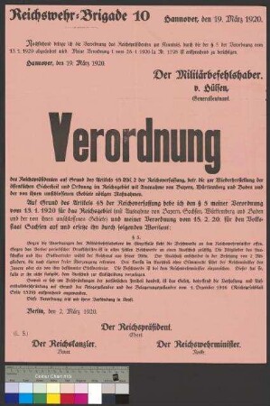 Bekanntmachung der Verordnung des Reichspräsidenten vom 2. März 1920 zur Wiederherstellung der öffentlichen Sicherheit und Ordnung im Reichsgebiet durch die Reichswehrbrigade 10