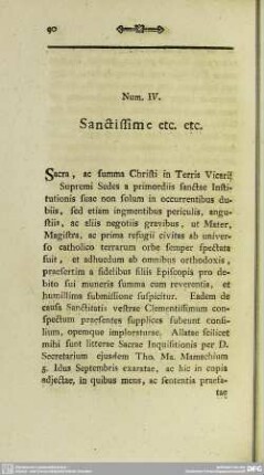 Num IV. Sanctissime etc. etc.