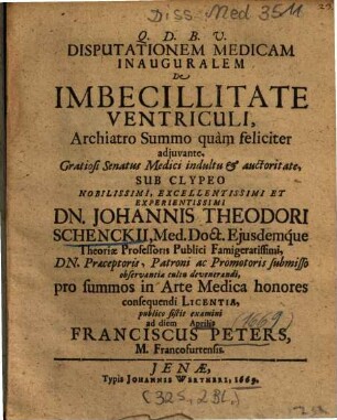 Disputationem Medicam Inauguralem De Imbecillitate Ventriculi