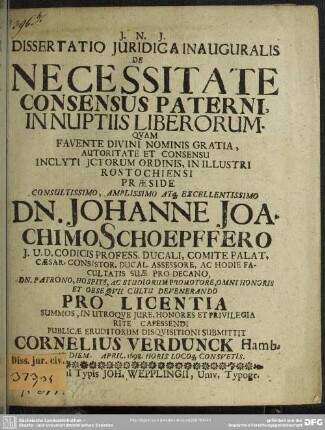 Dissertatio de necessitate consensus paterni in nuptiis liberorum