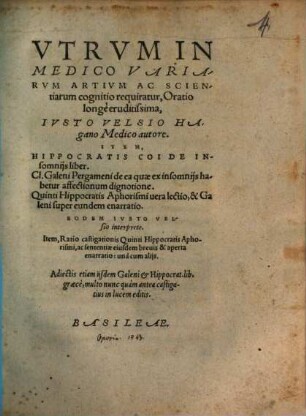 Vtrvm in Medico Variarvm Artivm Ac Scientiarum cognitio requiratur, Oratio longe eruditissima