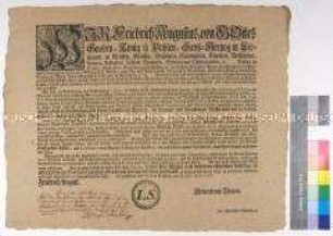 Mandat von Friedrich August I. Kurfürst von Sachsen gegen die Einfuhr von Kattun und Tapisserien aus Preußen