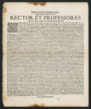 Ducalis Gymnasii, Quod Stuttgardiae est, Rector Et Professores Cum debitâ Honoris praefatione, Lectoribus Humanitatis amantibus S.