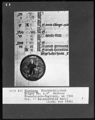 Breviar — Kalenderseite April mit Monatsbild, Folio 11recto