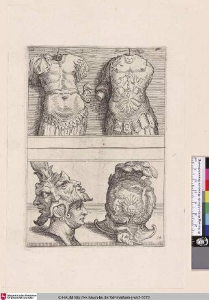 [Zwei Brustpanzer, ein behelmter Kopf und ein weiterer Helm; Two armoured torsos, a helmeted head and one other helmet]