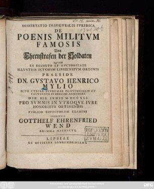 Dissertatio Inavgvralis Ivridica De Poenis Militvm Famosis Von Ehrenstrafen der Soldaten