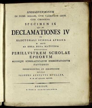 Spec. 9: Animadversionum In Pomp. Melam, Cum Varietate Lect. Cod. Cibiniens. Specimen IX.