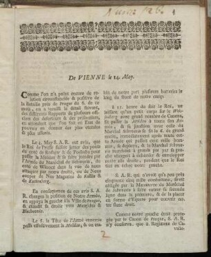 De Vienne le 14. May : Comme l'on n'a poïnt encore de relation circonstanciée ...
