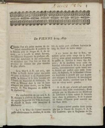 De Vienne le 14. May : Comme l'on n'a poïnt encore de relation circonstanciée ...
