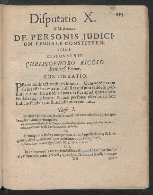Disputatio X. & Ultima. De Personis Iudicium Feudale Constituentibus. Respondente Christophoro Riccio Stetinens. Pomer.