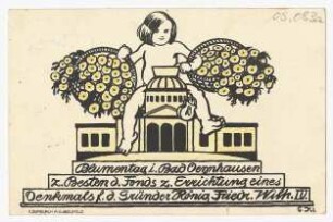 Werbepostkarte : Kind mit zwei Blumenkörben auf einem Gebäude sitzend, darunter Werbespruch; signiert