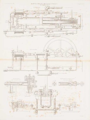 Homberg-Ruhrorter Rhein-Trajektanstalt, Duisburg: Ansichten, Details Dampfmaschine (aus: Atlas zur Zeitschrift für Bauwesen, hrsg. v. G. Erbkam, Jg. 7, 1857)