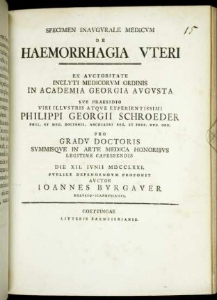 Specimen Inavgvrale Medicvm De Haemorrhagia Vteri