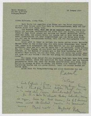 Brief von Raoul Hausmann an Elfriede Hausmann und Vera Hausmann. Limoges. Zusatz von Dela Blakmar.