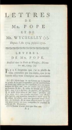 Lettres De Mr. Pope Et De Mr. Wycherley (I).