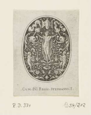 Apollo, von Grotesken gerahmt, Blatt 1 der Folge "Ovale Kompositionen, geschmückt mit Gottheiten"
