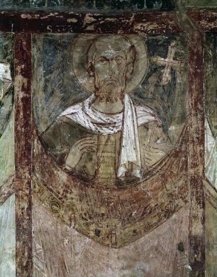 Traditio legis, umgeben von Heiligen, Aposteln und Märtyrern — Darstellung von Heiligen: Abdon, Sennen, Dorotheus, Gorgon, Sebastien, Sergius, Bacchus, Dionysius und Quintianus — Darstellung eines unbekannten Heiligen mit Kreuzstab