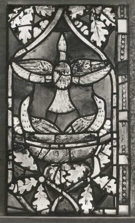 Erfurt. Barfüßerkirche. Chor. Farbige Glasfenster (nach der Restaurierung 1960). Ostfenster, linke Seitenbahn, Zeile 13: Gotische Ornamentscheibe. Eichenblattranke und Nest mit Pelikanen (um 1316)