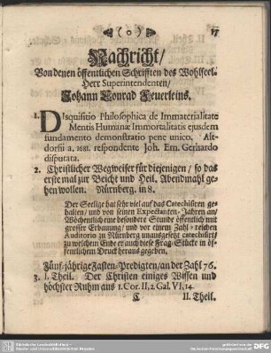 Nachricht, Von denen öffentlichen Schrifften des Wohlseel. Herr Superintendenten, Johann Conrad Feuerleins