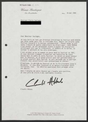 Brief an Pierre Soulages, 16.05.1990