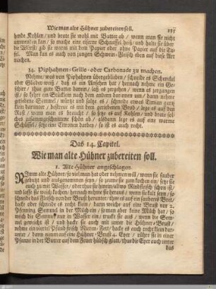Das 14. Kapitel. Wie man alte Hühner zubereiten soll.
