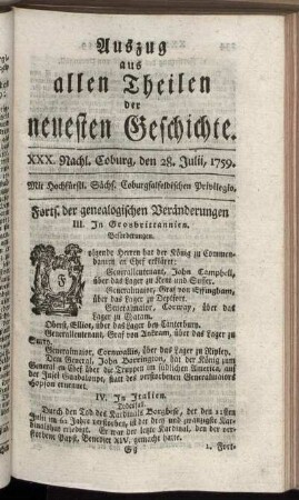 XXX. Nachl. Coburg, den 28. Julii, 1759.