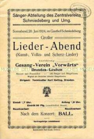 Programm zu einem Liederabend eines Arbeiter-Gesangsvereins