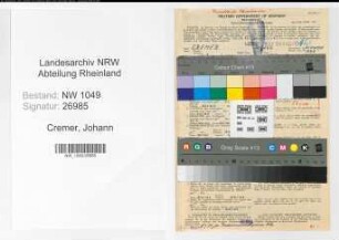 Entnazifizierung Johann Cremer , geb. 03.08.1889 (Werkmeister)