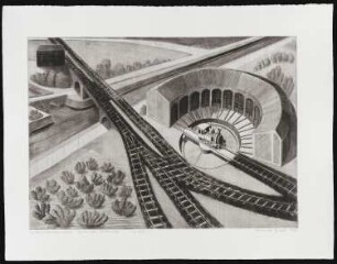 Radierung des Künstlers Erhard Groß, Titel: Lokomotivschuppen Görlitzer Bahnhof, Ed. 1/30, 1990