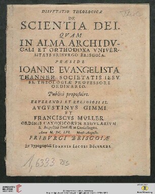 Disputatio Theologica De Scientia Dei