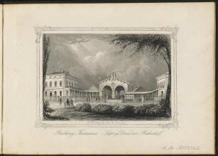 [Bl. 20] : Railway Terminus = Leipzig-Dresdner Bahnhof, Stahlstich, um 1845 : Payne, Albert Henry : Dresden / A. H. Payne. - [Leipzig] , [ca. 1845]. - [21] Bl. : nur Ill., Kt. - Enth. 20 Stahlstiche und 1 Karte von Dresden